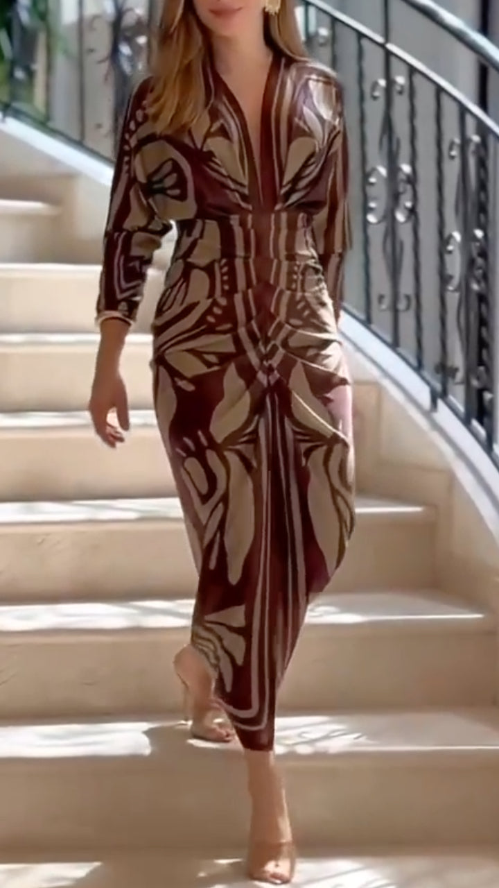 Brown V Neck Geometric Print Midi Dress