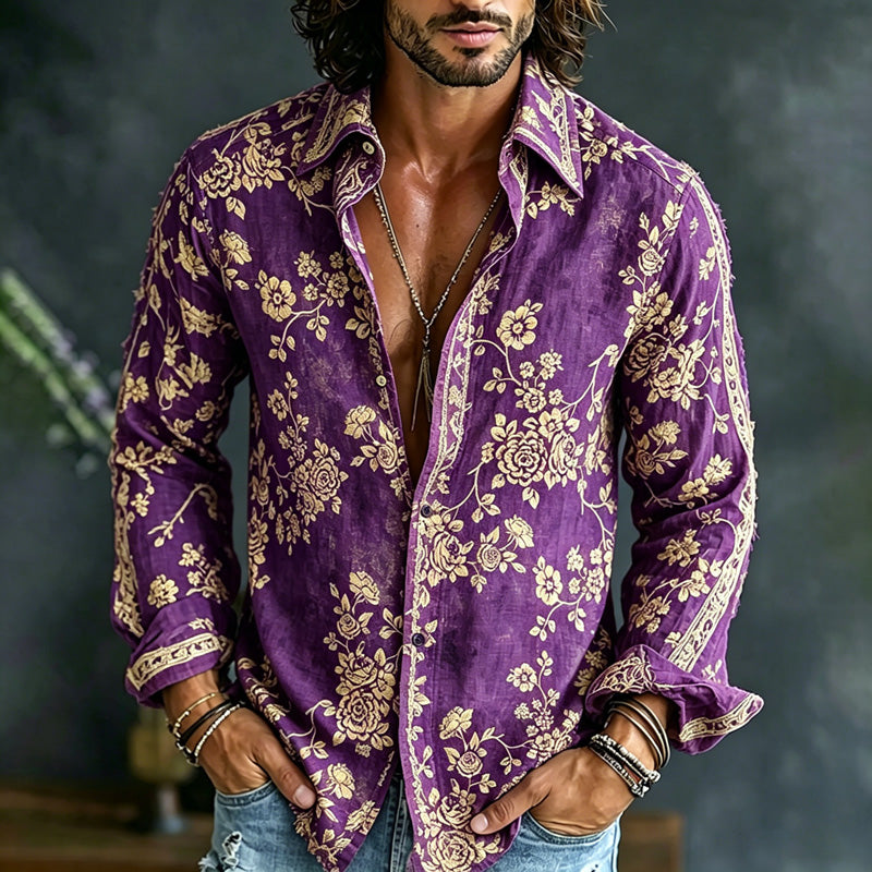 Men's Spring Summer Colorful Floral Embroidered Art Print Flowy Linen Blend Shirt