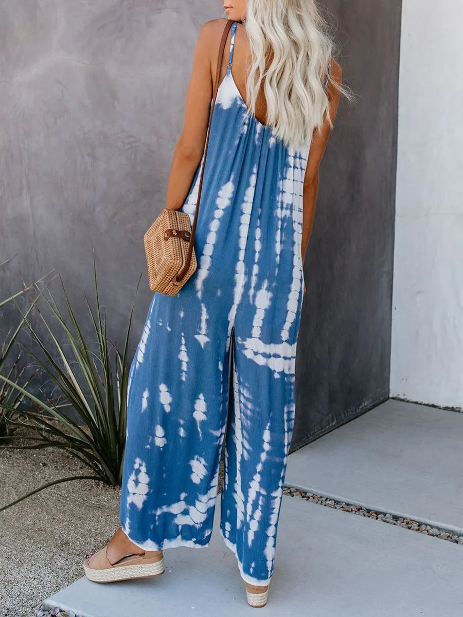 Casual Artistic-print Linen And Cotton Jumpsuit