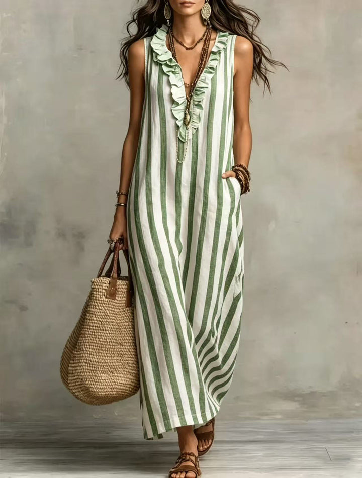 Women's Retro Striped Ruffle Sleeveless Dress
