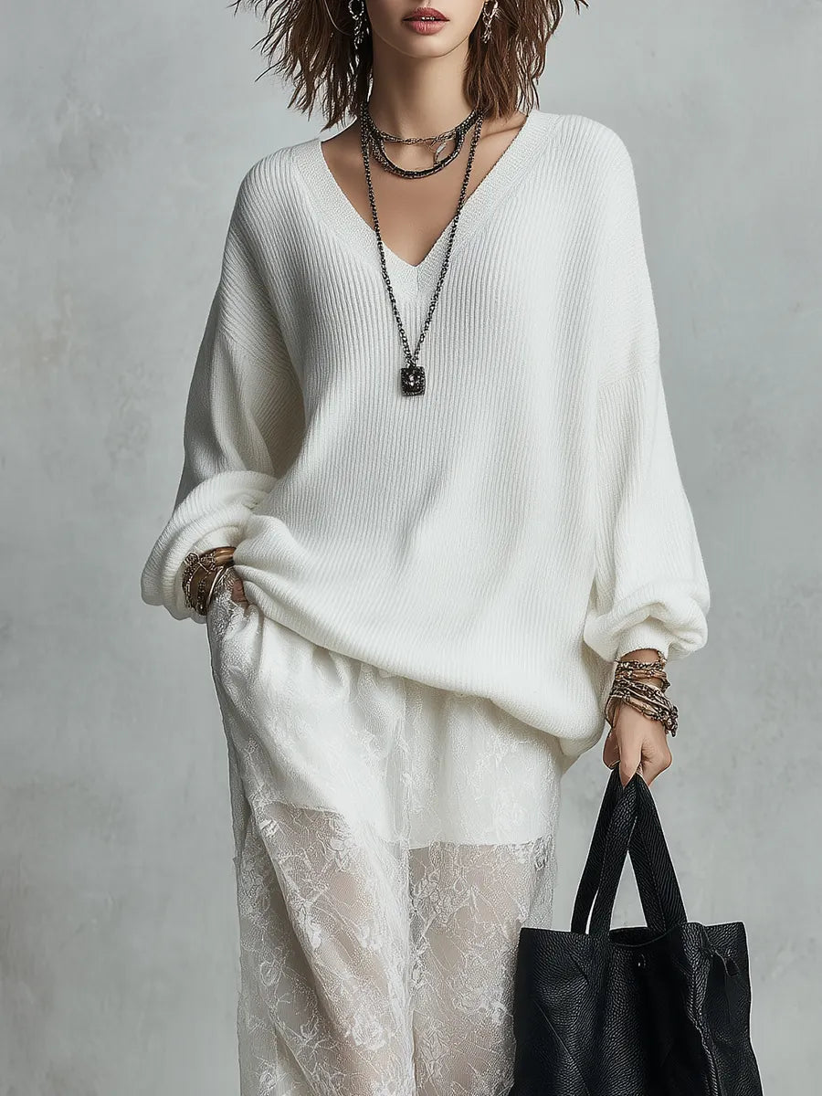 Bohemian Ivory Knit Top And Lace Skirt Set