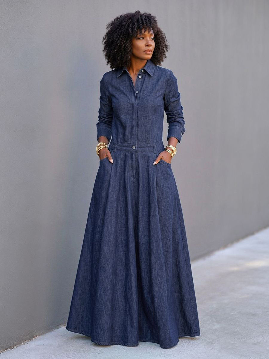 Split-Joint Solid Color Pockets Buttoned Long Sleeves High Waisted Lapel Maxi Dresses