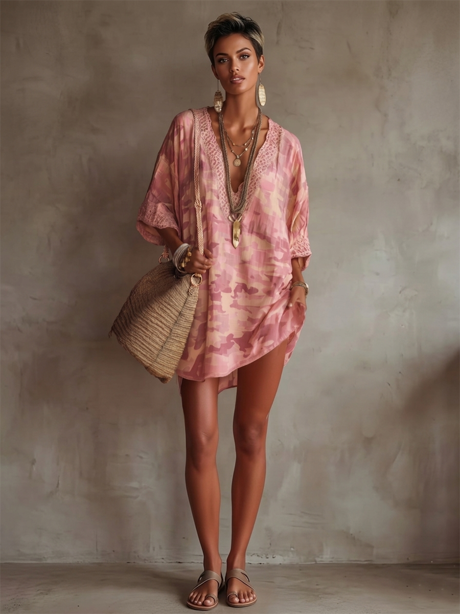 Casual Lace-trimmed Collar Leopard Print Loose-fit Tunic Shirt