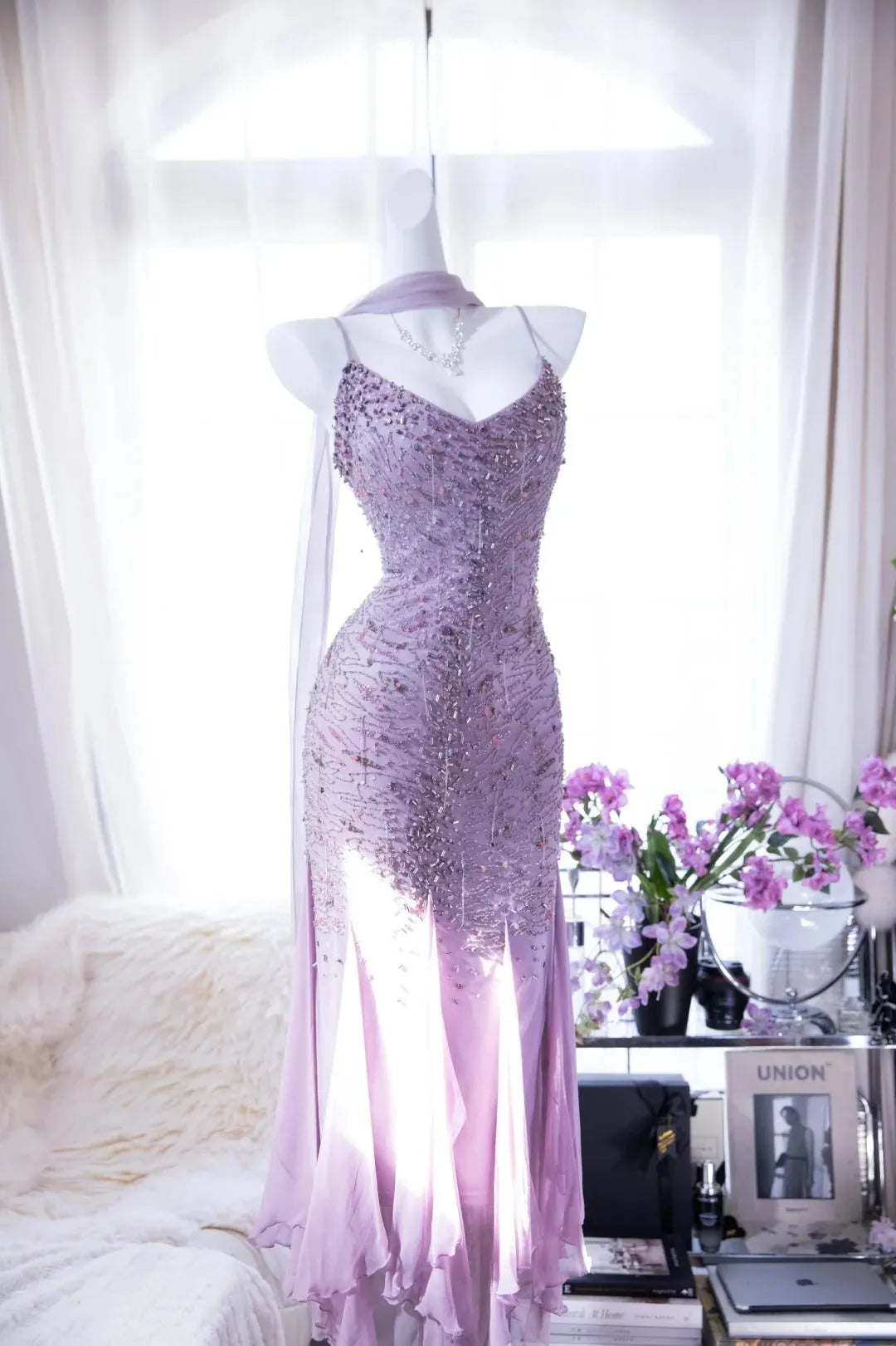 Lit Purple Elegant Romantic Exquisite Beaded Long Chiffon Ball Gown Evening Dress Birthday/Wedding Guest/Holiday Party Dress Prom Dress 4022