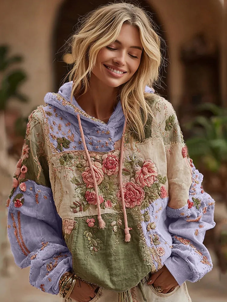 Women's Rose Embroidery Patchwork Art Hooded Sweatshirt