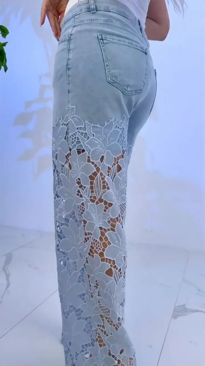 Light Wash Lace-Overlay Wide-Leg Jeans