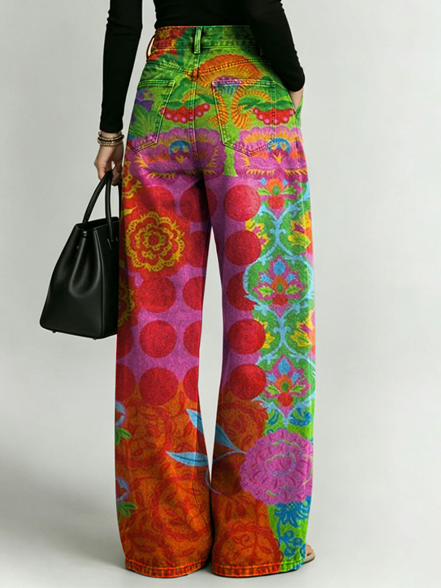 Women's Retro Colors Flowers Print Casual Straight-leg Pants