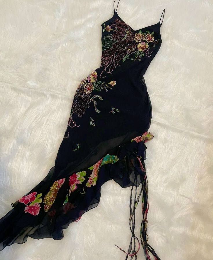 Black gorgeous exquisite colorful floral beading long ruffled chiffon evening dress party dress prom dress