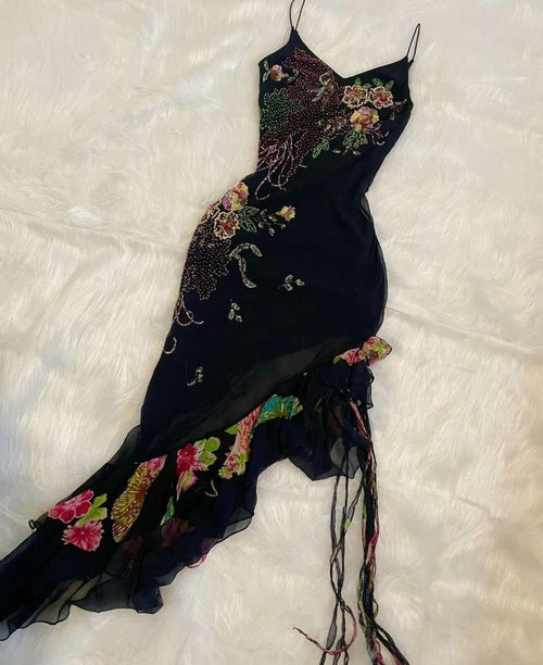 Black gorgeous exquisite colorful floral beading long ruffled chiffon evening dress party dress prom dress