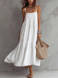 Square Neck Spaghetti Strap Cotton-linen Midi Dress