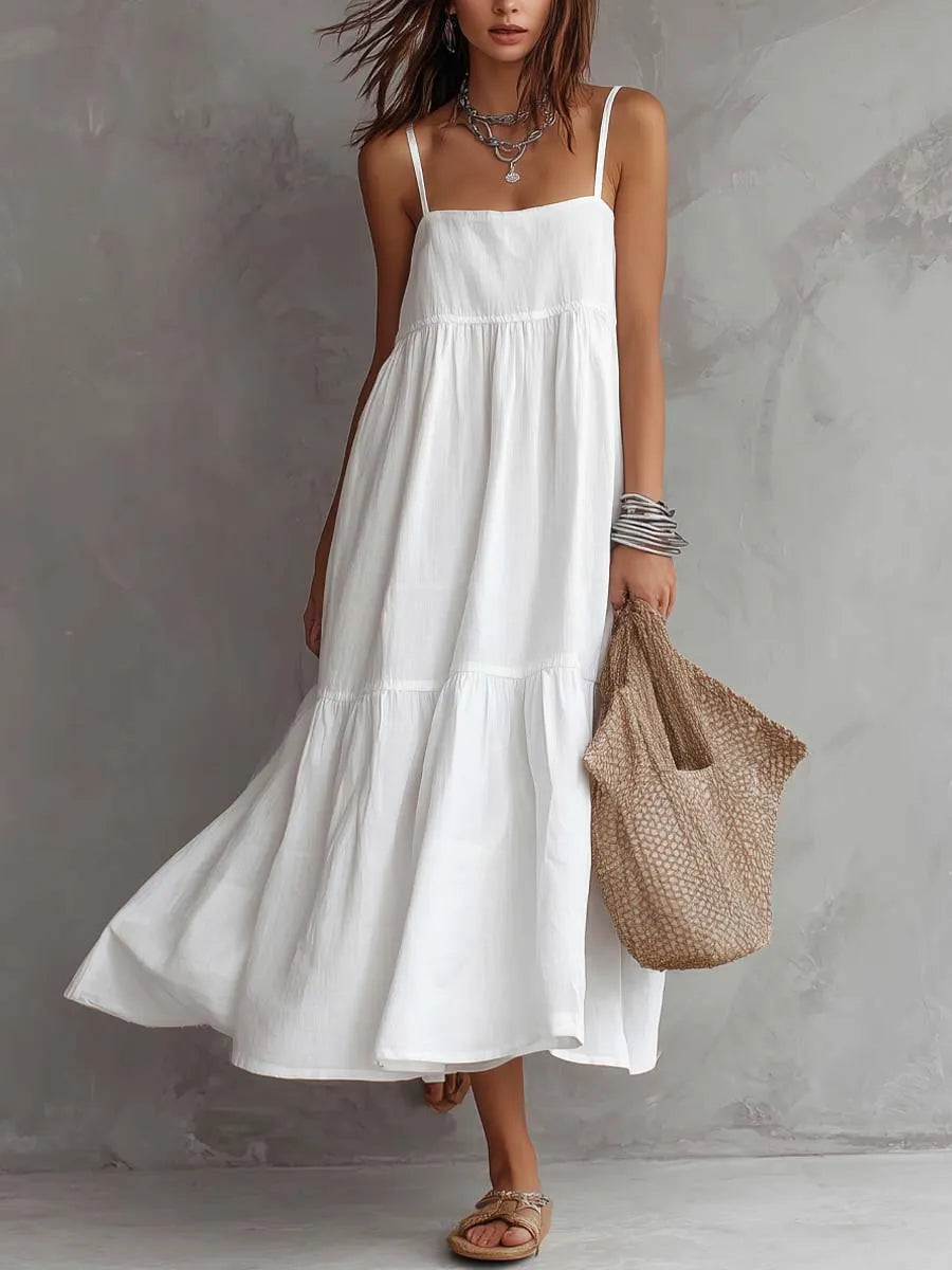 Square Neck Spaghetti Strap Cotton-linen Midi Dress