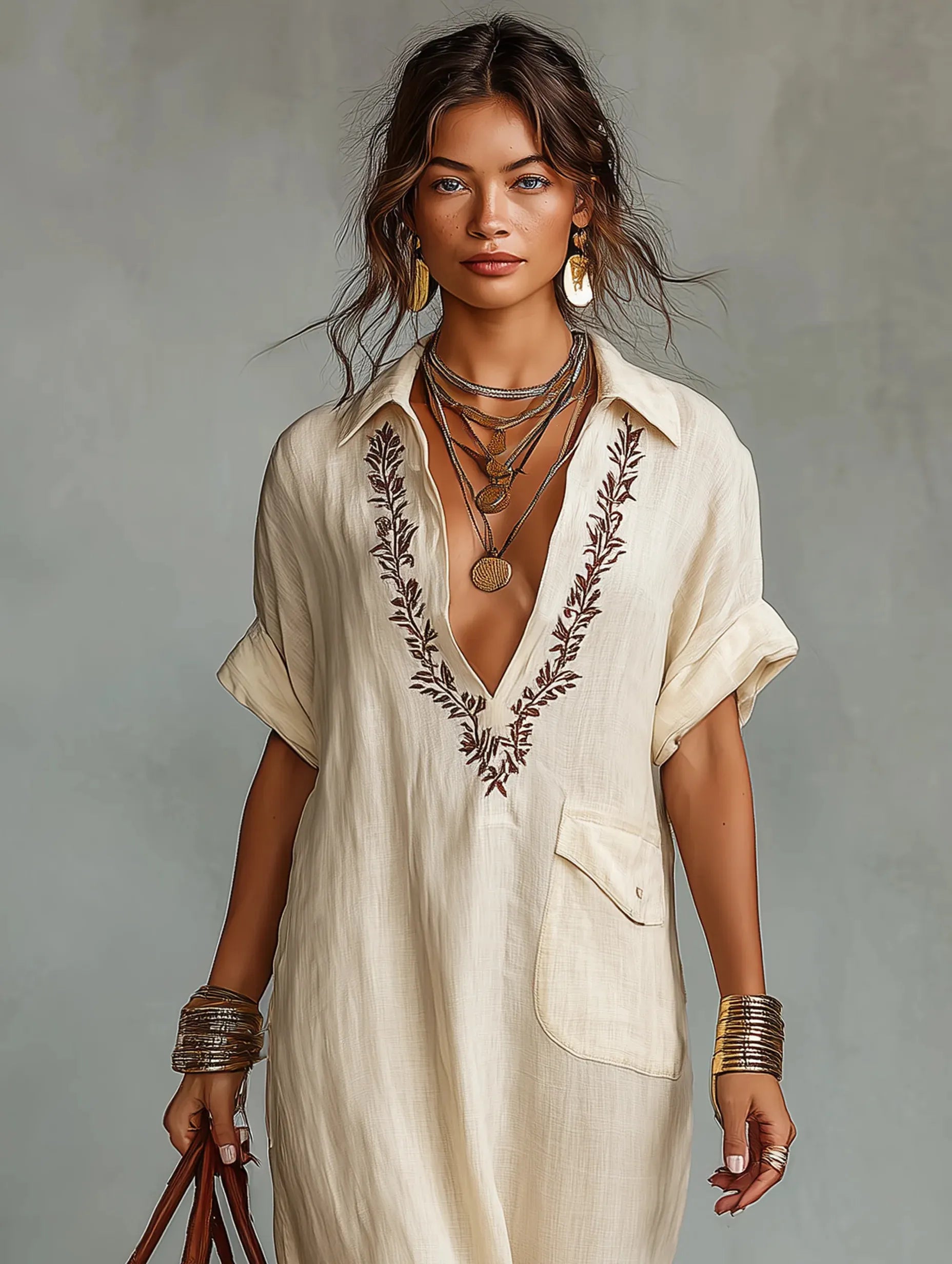 Women's Collared Cotton Linen Printed Casual Long Dress