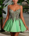 Green Crystal Rhinestone Sequin Mini Dress