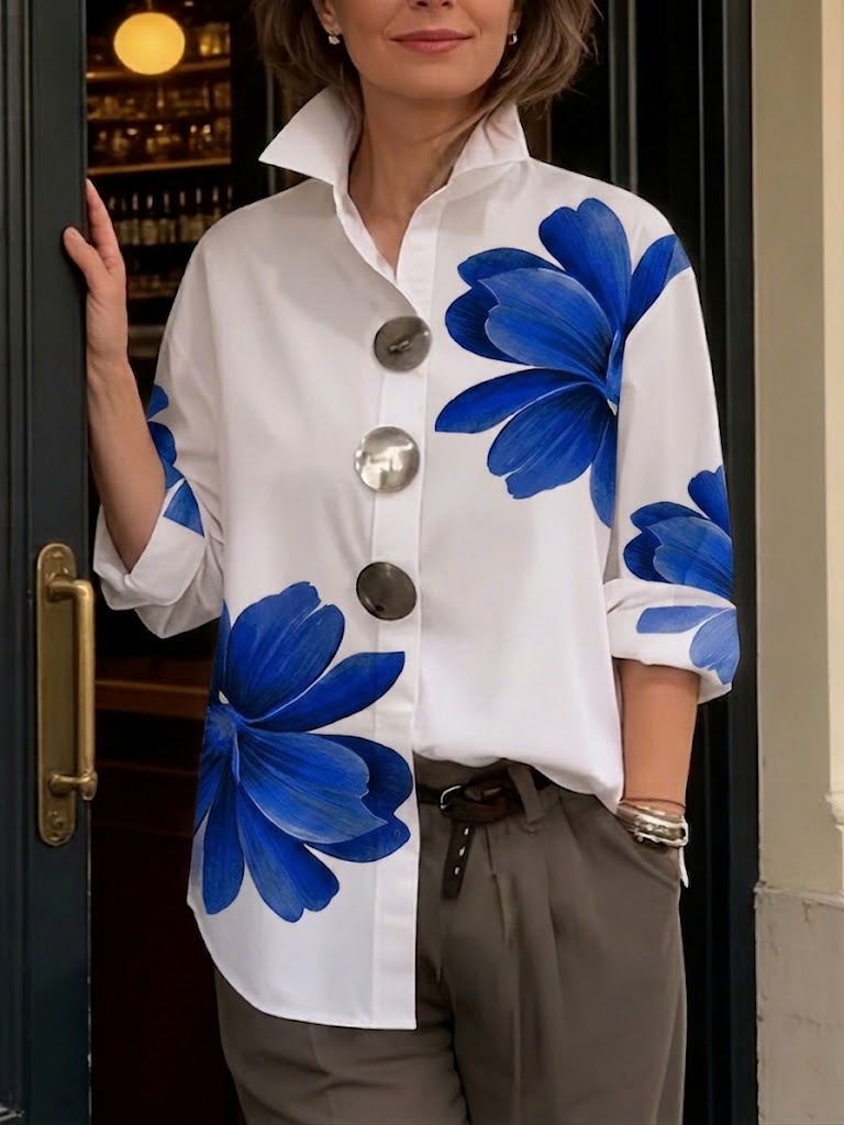 Casual Cotton Shirt With Decorative Buckle And Artistic Floral Print