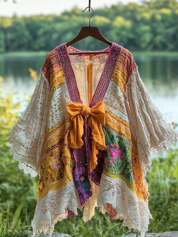 Summer Vacation Ruffle Lace Contrast Color Kimono 4a37