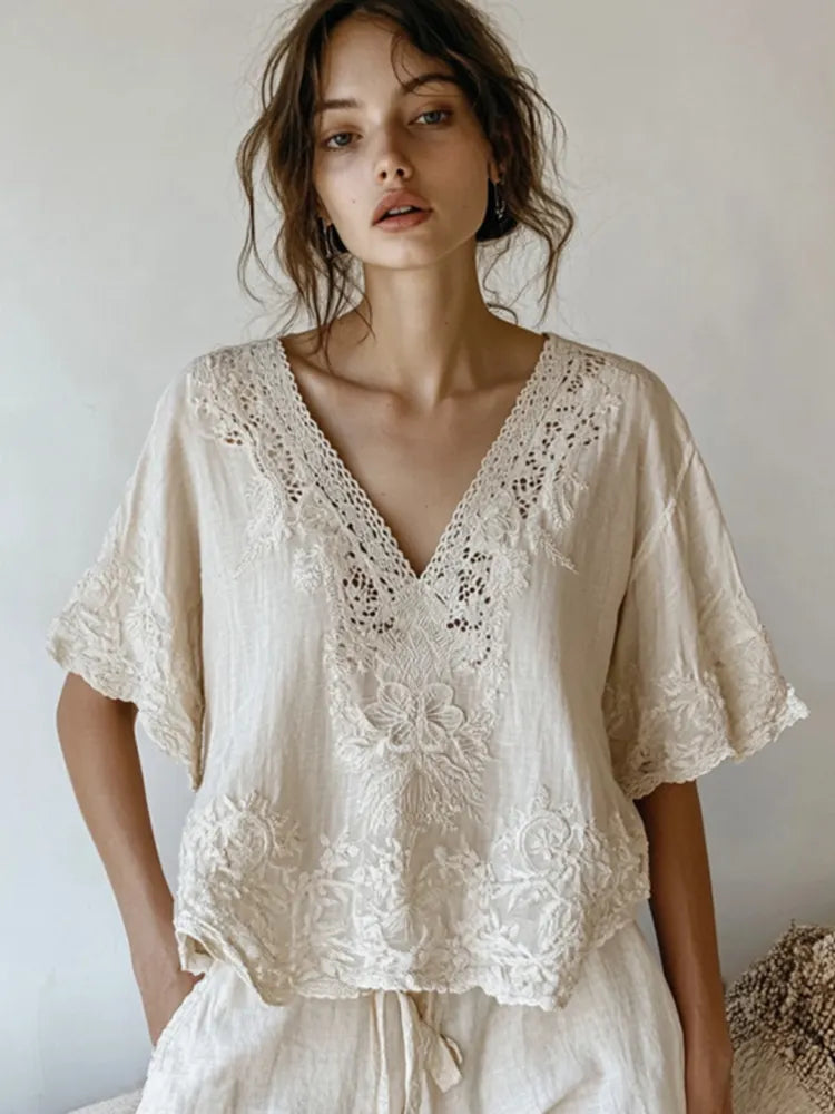 Vintage Floral Lace Embroidered Comfy V Neck Shirt