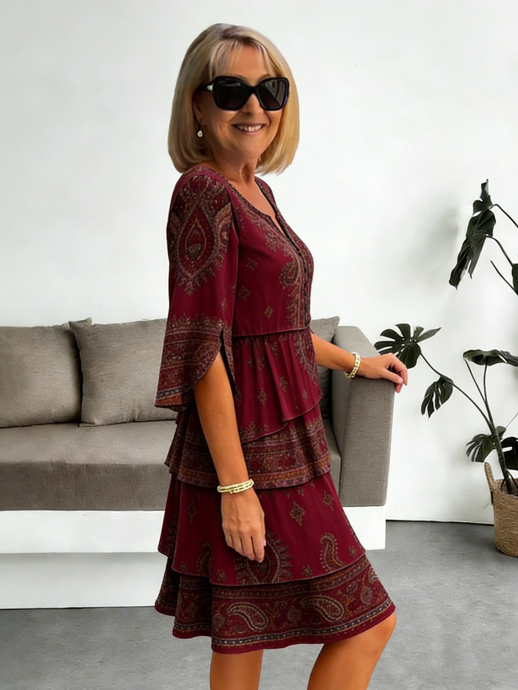 Chiffon Vacation Prints Color Round Neck Cake Skirt Splicing Dress Mid-length