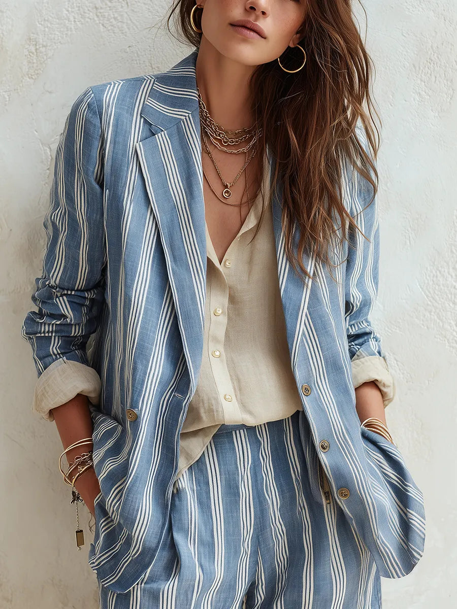 Bohemian Sky Blue Striped Suit Jacket
