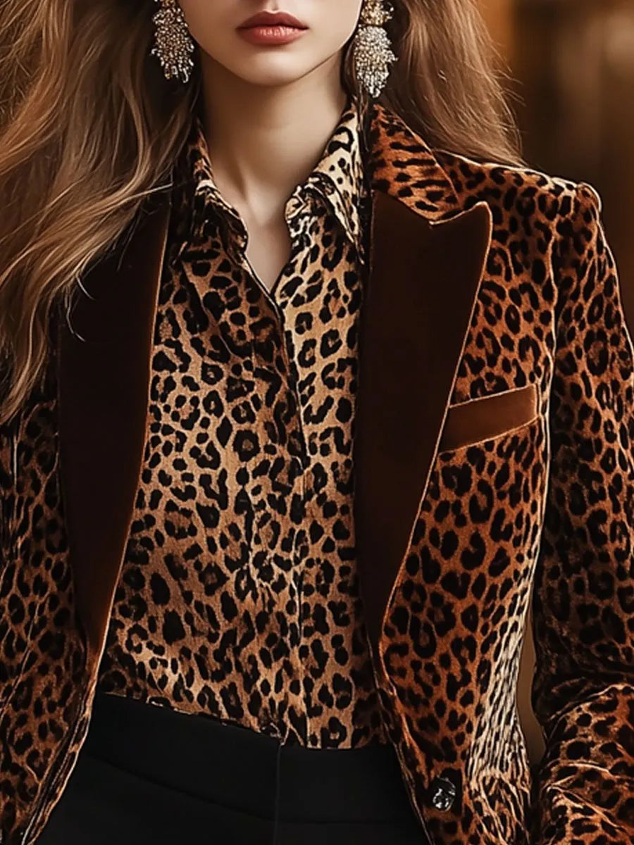 [24-hour shipping out]Casual Loose Retro Velvet Leopard Print Collar Blazer
