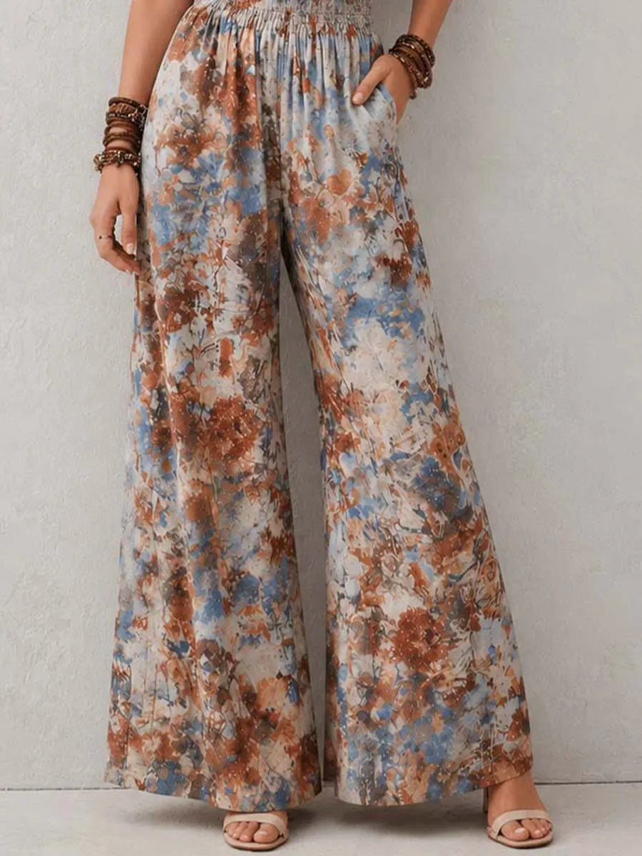 Terracotta & Blue Abstract Floral Halter Smocked-Waist Wide-Leg Jumpsuit
