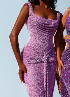 Lilac Sequin Cowl Neck Twist Front Mermaid Maxi Dress