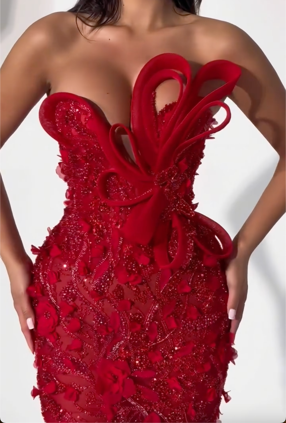 Red Strapless 3D Floral Sequin Mermaid Maxi Dress - Formal Evening Gown for Women