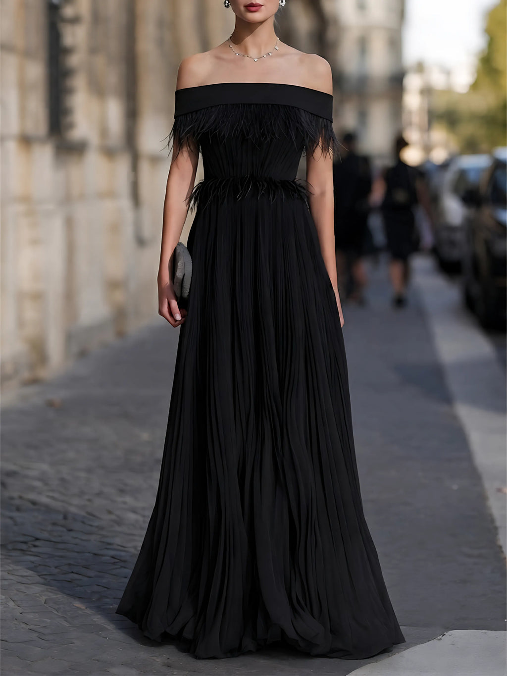Off-Shoulder Feather-Trimmed Pleated Maxi Gown
