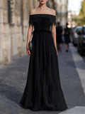 Off-Shoulder Feather-Trimmed Pleated Maxi Gown