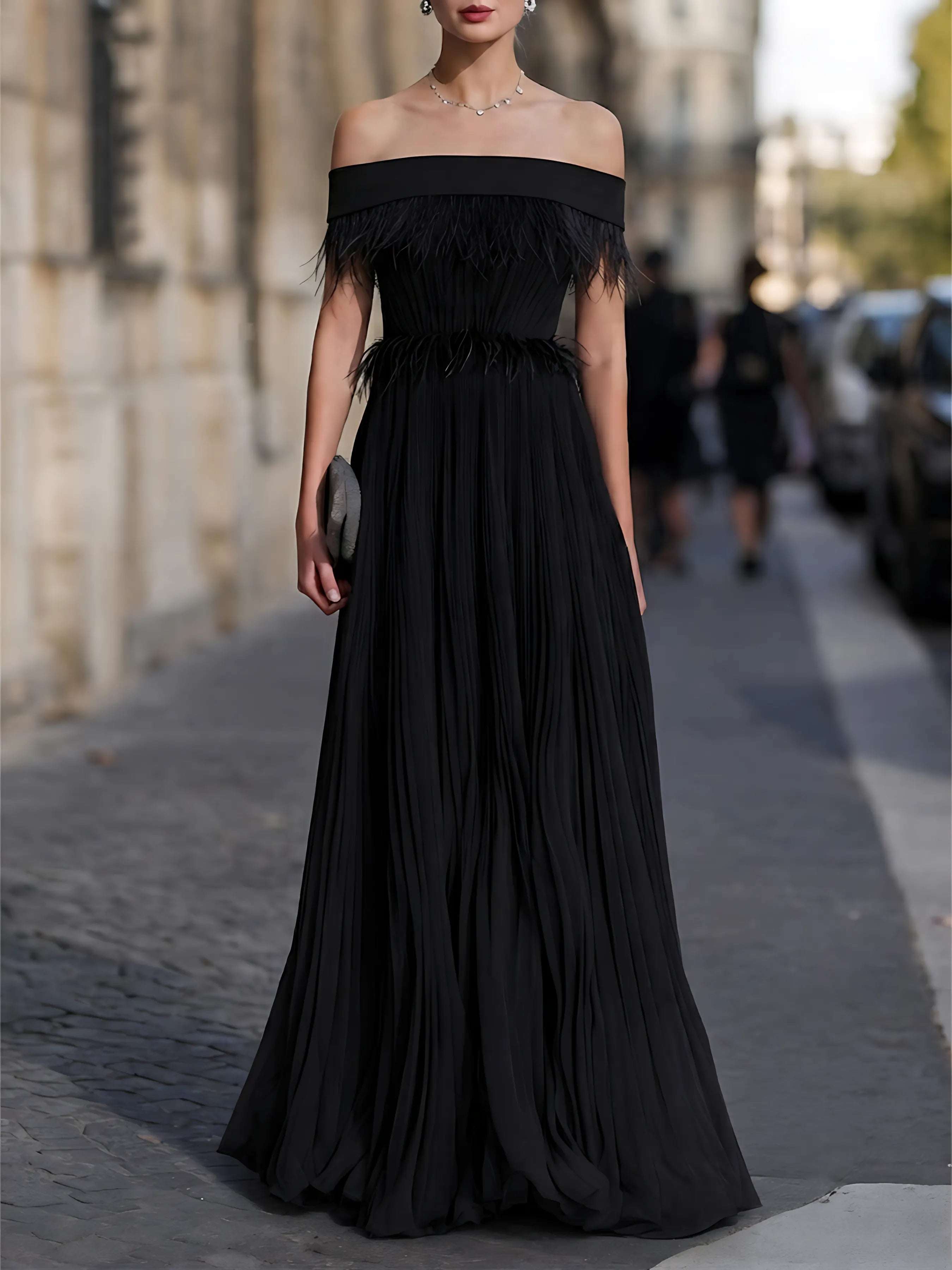Off-Shoulder Feather-Trimmed Pleated Maxi Gown