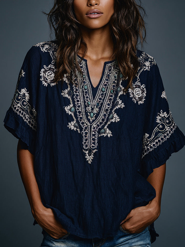 Women's Boho Floral Art Print Flowy Linen Blend Casual Short Sleeve Tops