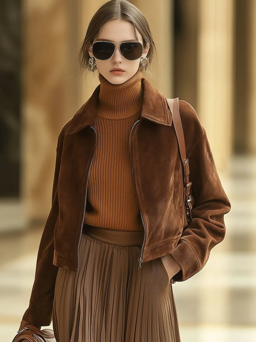 [24-hour shipping out]Casual Loose Solid Color Suede Zipper Pocket Short Jacket