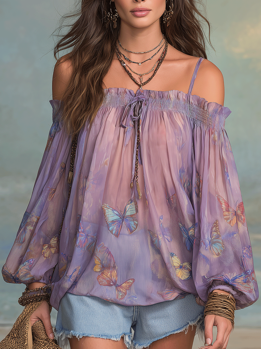 Boho Butterfly Print Off-Shoulder Smocked Tie-Neck Flowy Blouse