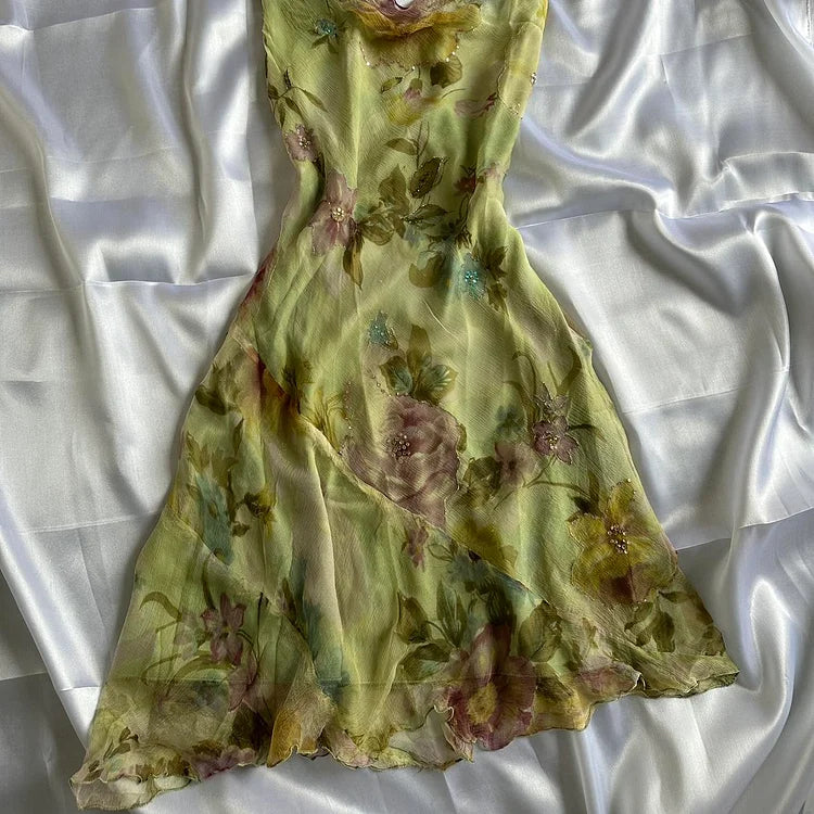 Green Floral Elegant Beaded Long Chiffon Ball Gown Evening Dress Party Dress