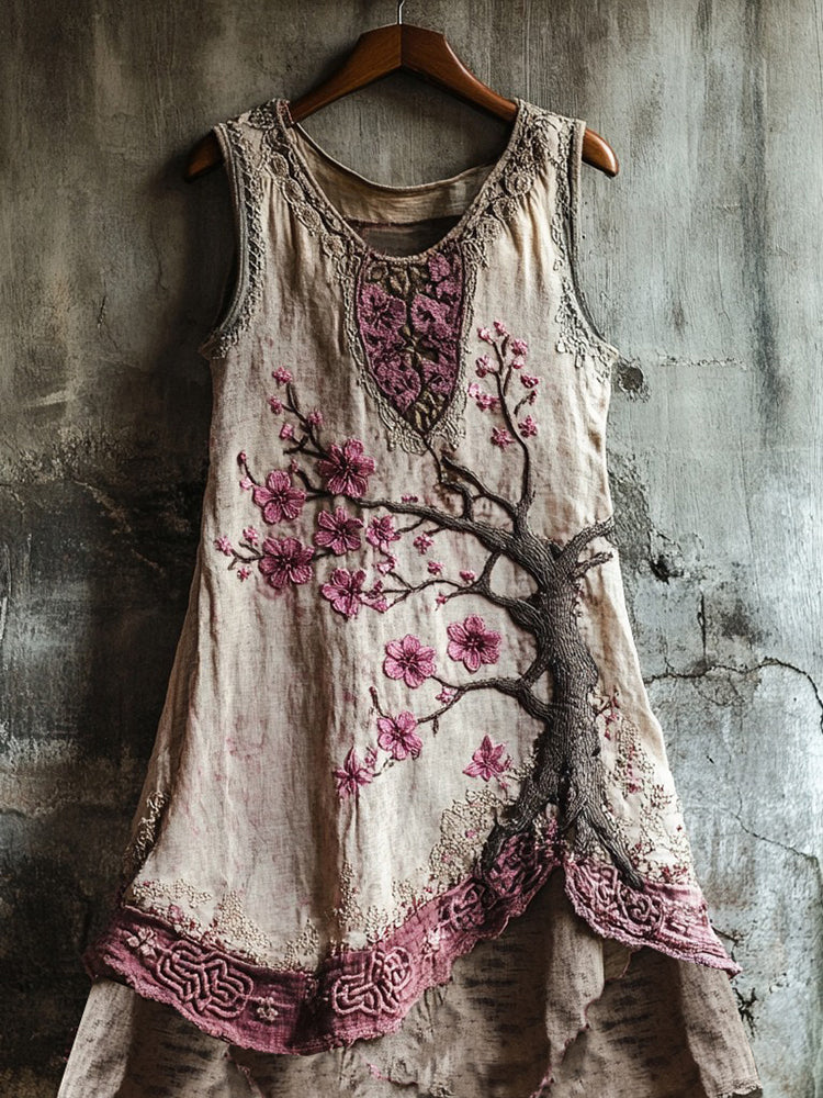 Women's Cherry Blossom Embroidery Lace Patchwork Art Linen Tank Dress