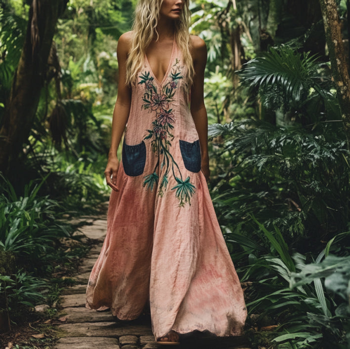 Bohemian Floral Embroidery Sleeveless  Cozy Linen Maxi Dress