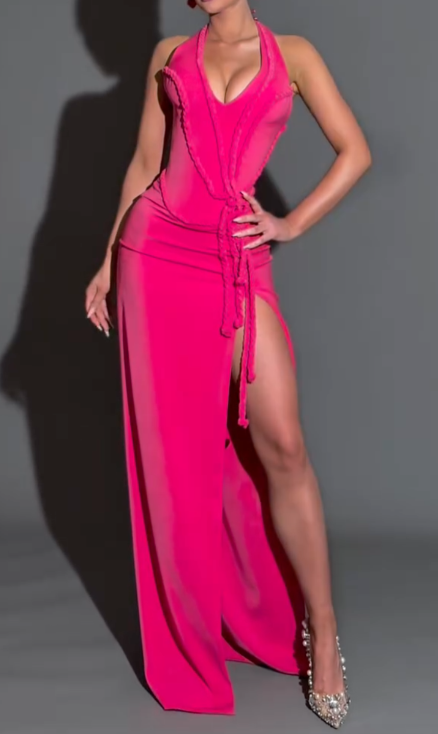 Fuchsia Halter Neck Maxi Dress with Braided Detail & High Slit