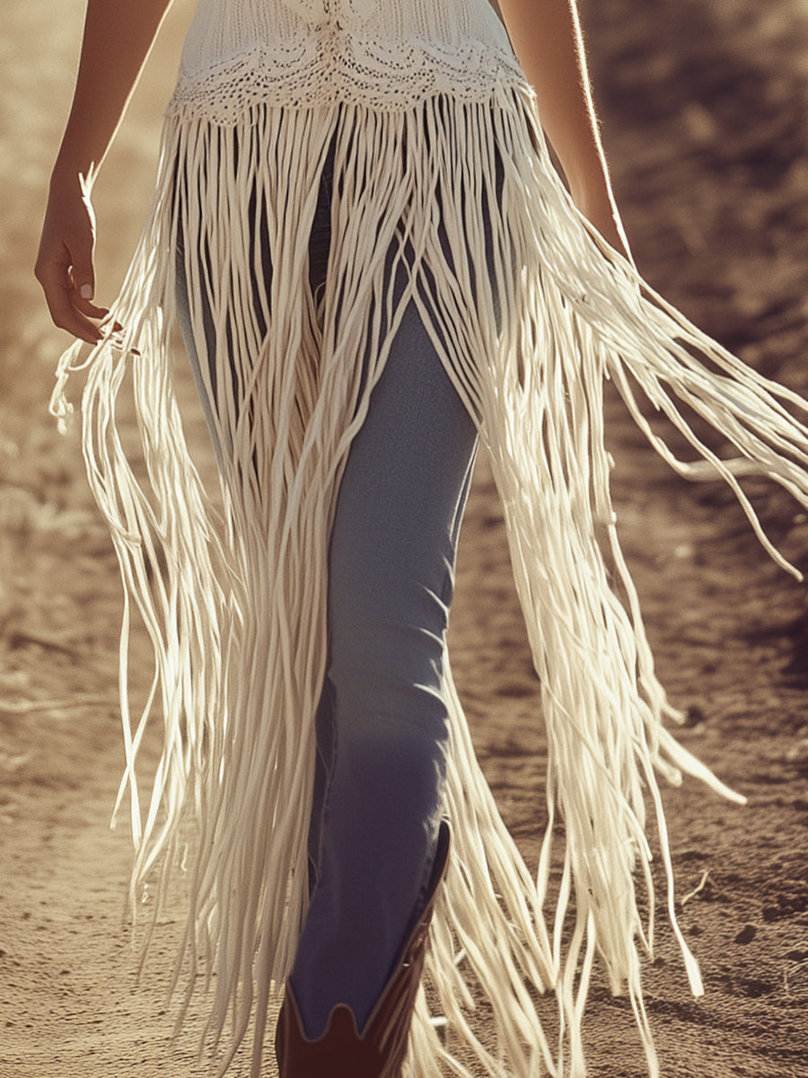 [24-hour shipping out]Retro Romantic Tassel Spaghetti Strap Textured Fabric Mid-length Top
