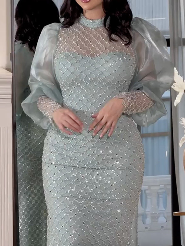 Paneled Shiny Long Sleeves V-neck Maxi Dresses