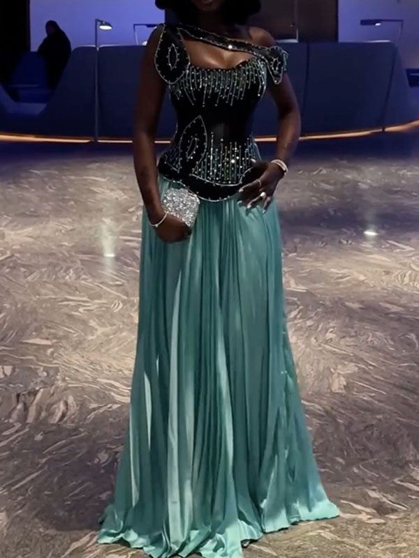 Sexy U-neck One-shoulder Rhinestone Asymmetric Cutout Formal Maxi Dress