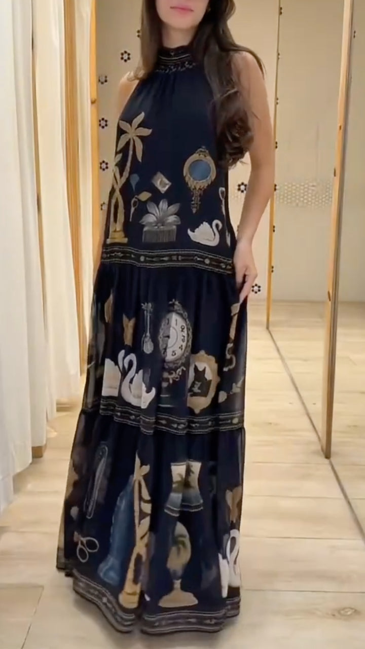 Vintage Swan Print Halter Neck Maxi Dress