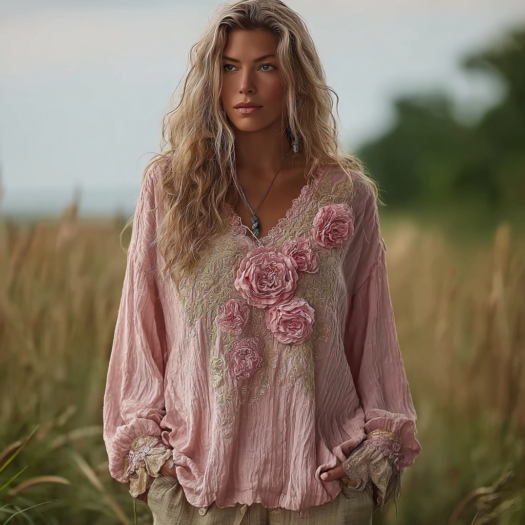 Bohemian Retro Countryside Plant Flower Pattern V-neck Top