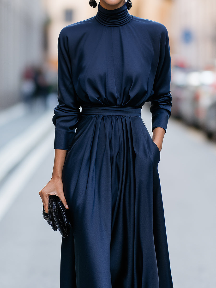 High Neck Gathered Waist A-Line Maxi Dress