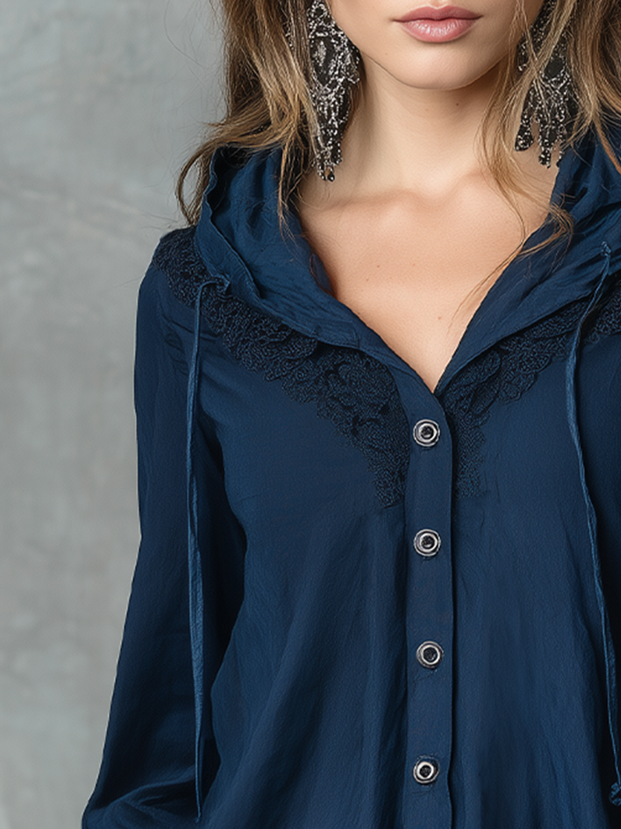 Relaxed Navy Lace Trim Hooded Blouse