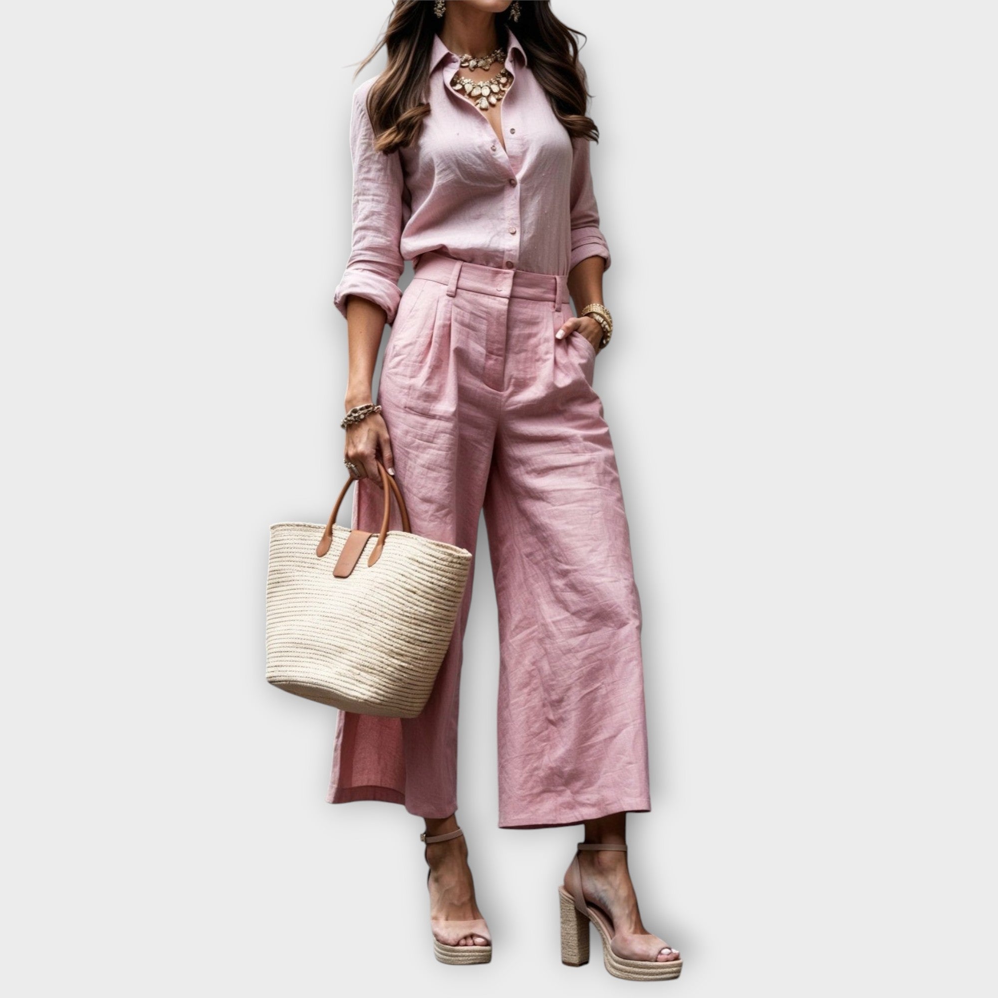 Blush Linen Shirt & Wide-Leg Pants Set