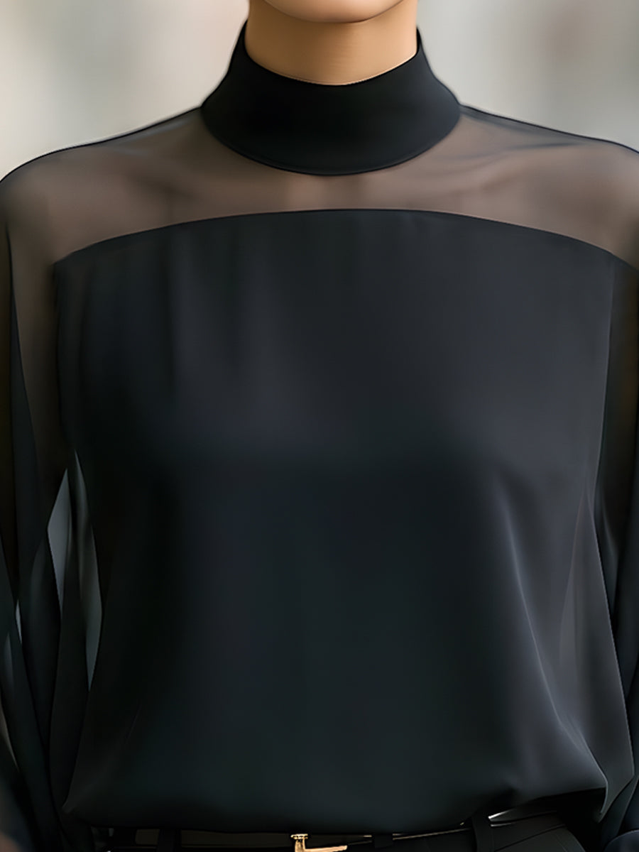 Sheer Yoke High-Neck Bishop Sleeve Blouse