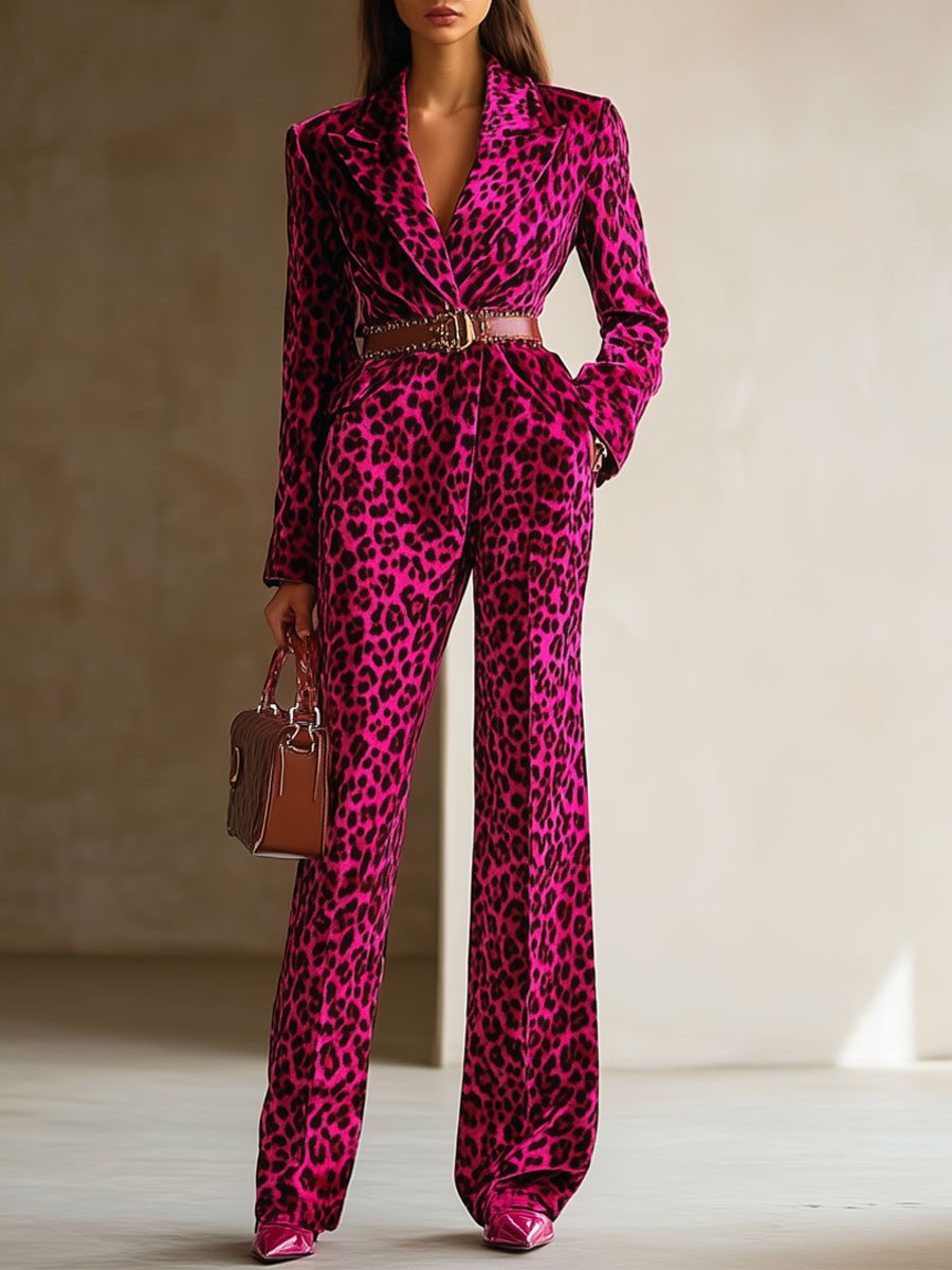 [24-hour shipping out]Casual Loose Retro Velvet Leopard Print Lapel Long Sleeve Jumpsuit