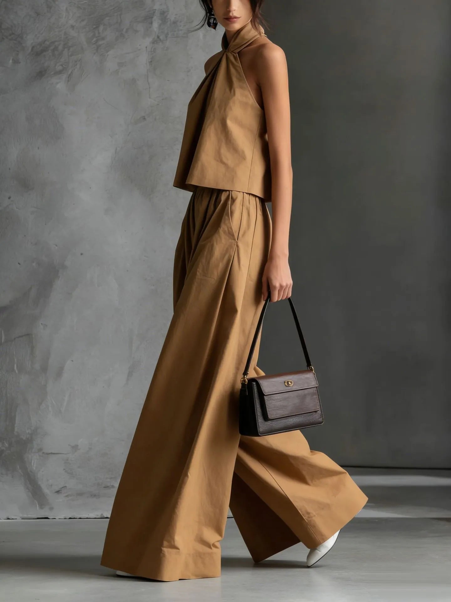 Minimalist Halter Neck Two-Piece Set - Chic Sleeveless Crop Top & High-Waisted Wide-Leg Pants Summer Suite