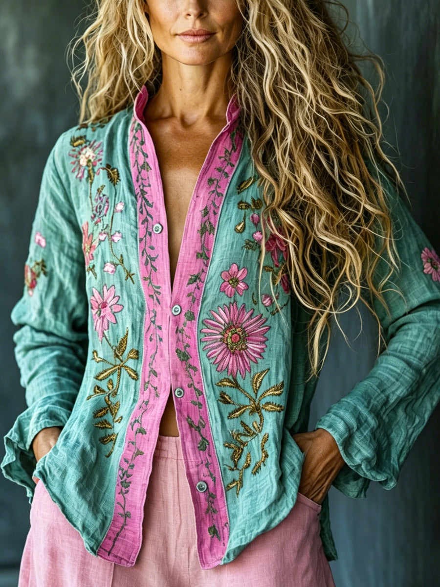 Women's Retro Floral Art Print Casual Cotton Linen Shirt