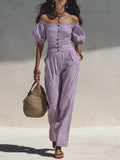 Mediterranean Boho Puff Sleeve Striped Co-Ord Pants Set