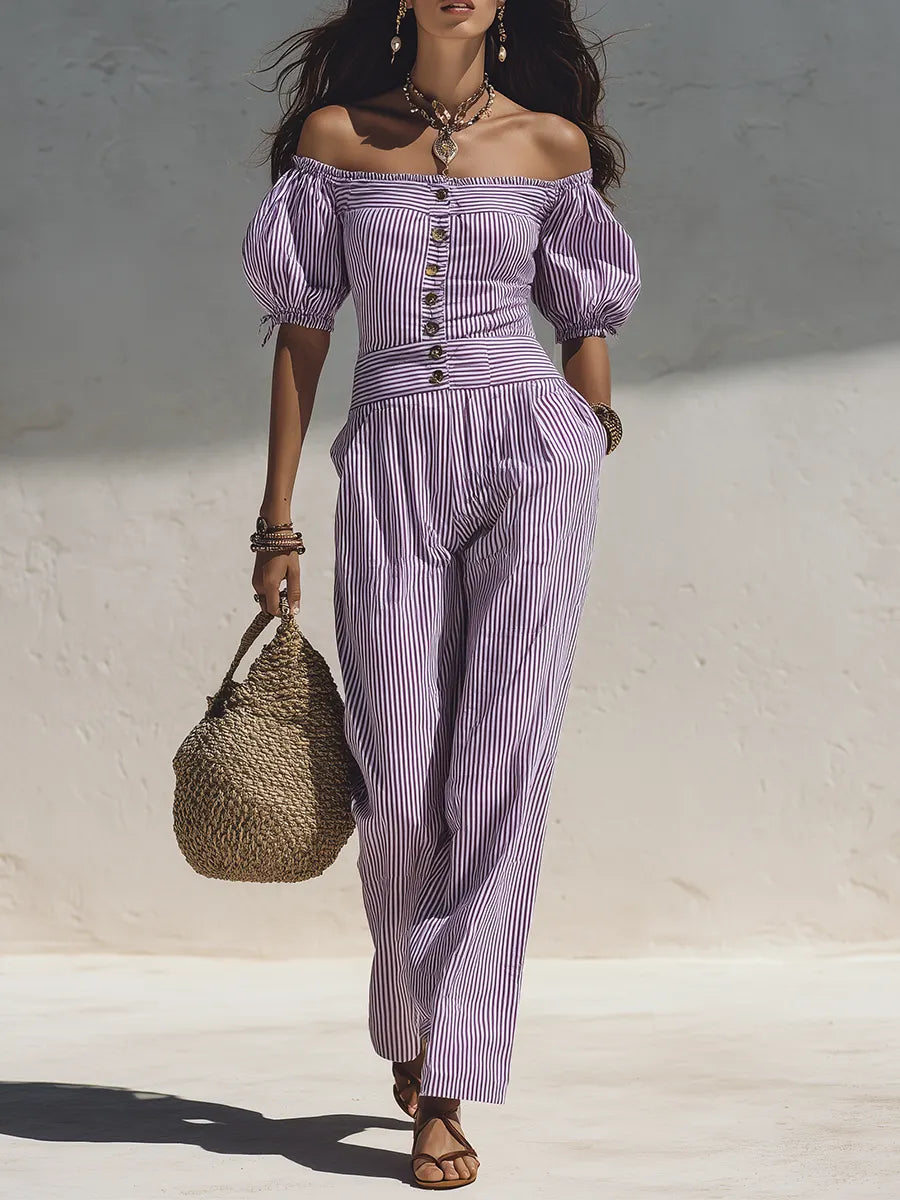 Mediterranean Boho Puff Sleeve Striped Co-Ord Pants Set